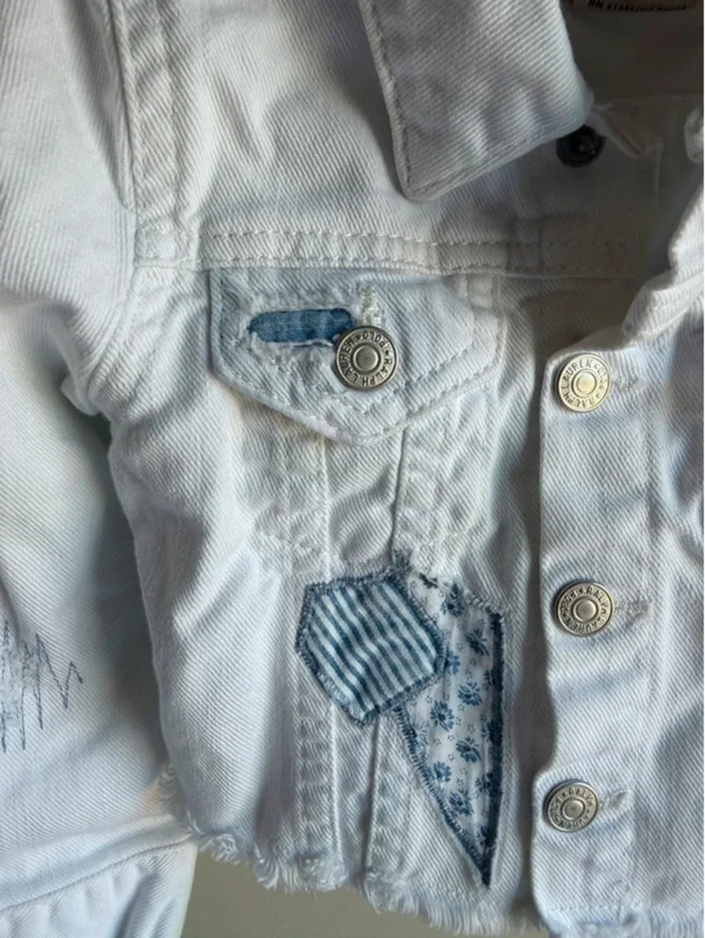 Polo Ralph Lauren White Patchwork Distressed Cropped Denim Jacket 2T